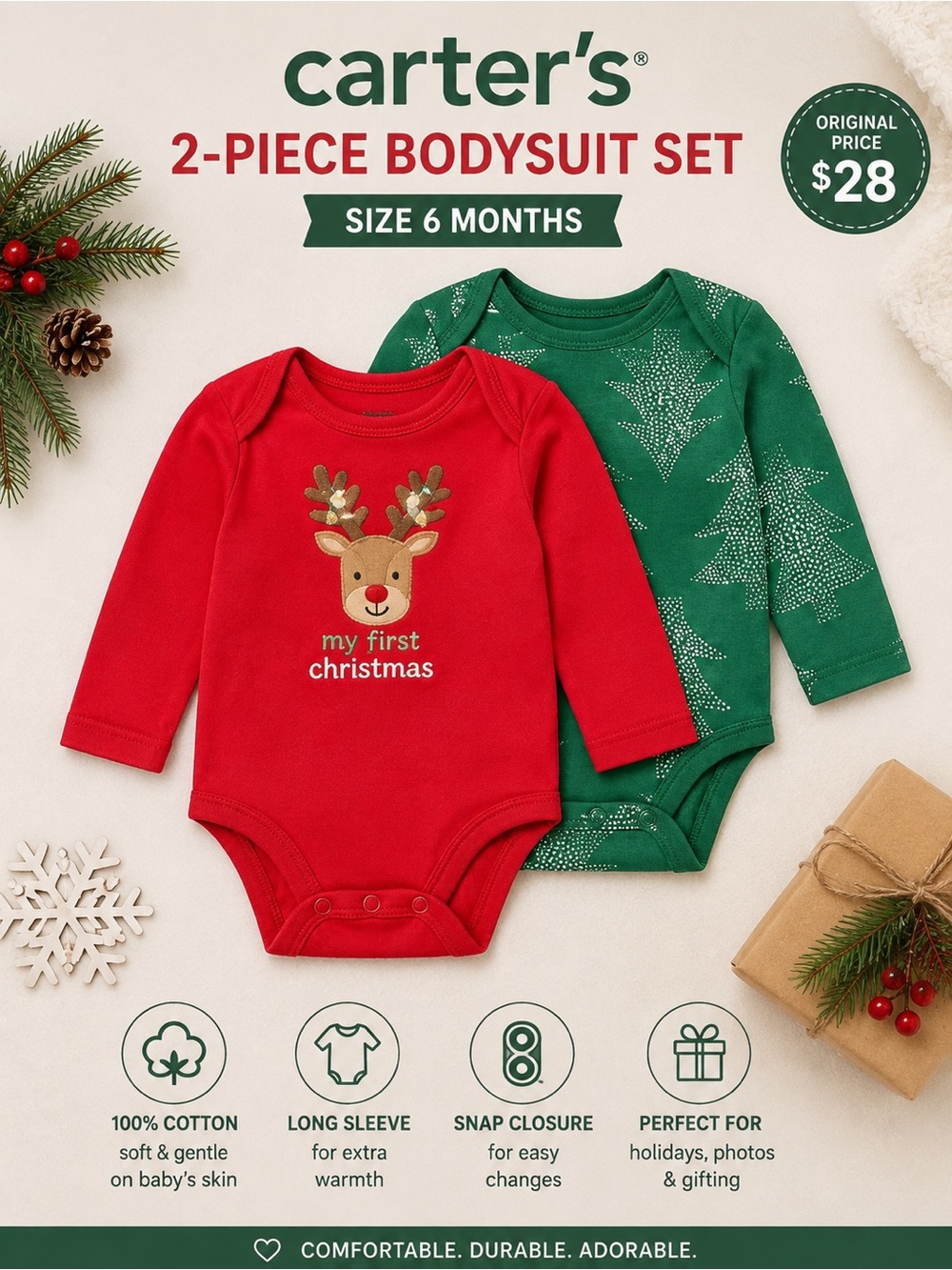 Carter's Red & Green 2-Piece Long-Sleeve Bodysuit Set